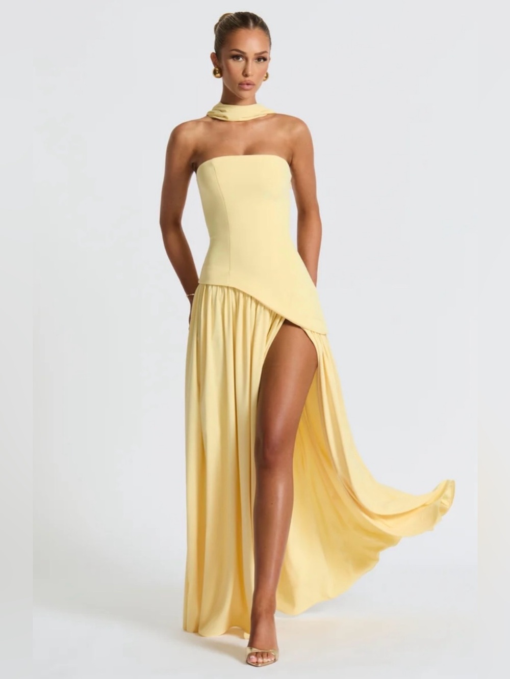 BABYBOO MALIYAH Elegant Strapless Maxi Dress with High Slit- Lemon